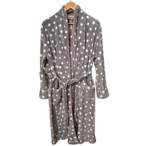 Love To Lounge Fleece Tie Waist Gray Pink White Polka Dot Robe. Large. 10-12.